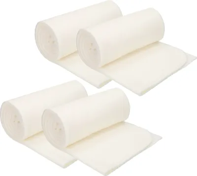 Four rolls of cream-colored fleece blankets are shown on a white background.