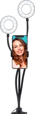 Immagine prodotto di Luce anulare Grundig con supporto per cellulare - Luce per selfie con morsetti da tavolo - Luce anulare 2x Ø9cm con 48 LED - 3 modalità di luce e 9 livelli di luminosità - Alimentazione USB - Bracci flessibili