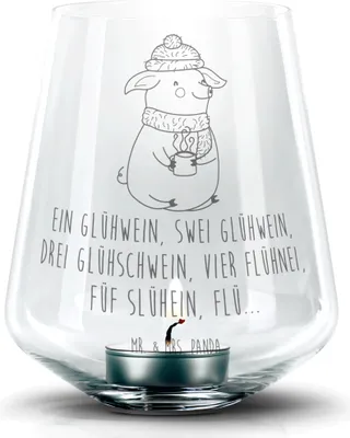 Produktbild von Mr. & Mrs. Panda Teelichthalter Schweinchen Glühwein - Transparent - Geschenk, Glas Windlicht, Deko, Betrunken, Spruch, Gravur Laterne, Weihnachtsmarkt, Weihnachten