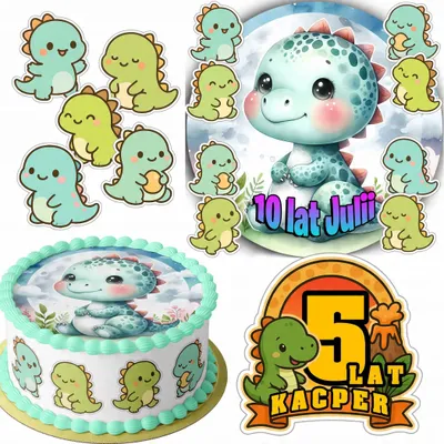 Obrázek produktu pro Zestaw Opłatek Na Tort 20Cm + 16 Postaci - Dino Dinozaur + Imię 15Cm 18Cm