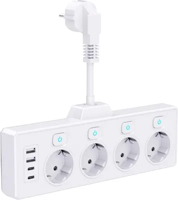 Zdjęcie produktu dla Listwa zasilająca z portami USB - 4 gniazda elektryczne z 2 portami USB-C i 2 portami typu A (5 V, 3,4 A) - 4 niezależne gniazda z włącznikami