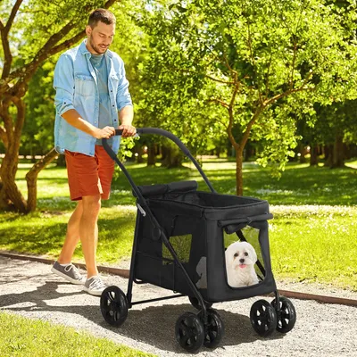 Zdjęcie produktu dla Wózek dla psa PawHut, składany wózek dla psa, wózek dla psa z poduszką, wózek dla kota do 20 kg, wózek dla kota dla małych i średnich psów z kieszeniami bocznymi, okienko z siatki, tkanina Oxford, kolor czarny