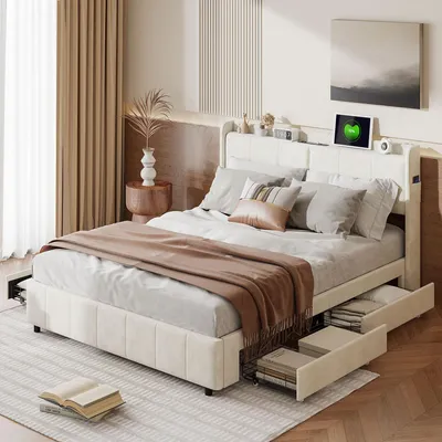 Obrázek produktu pro CDGlobal čalouněná postel 160x200 s USB a zásuvkami, úložná postel s lamelovým roštem, manželská postel se 4 zásuvkami, postel pro mládež classic, PU, bílá