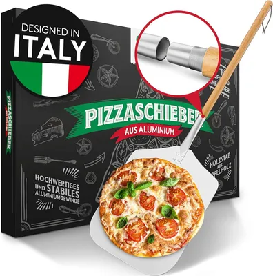 Produktbild von Pizza Divertimento [DAS ORIGINAL] - Pizzaschieber - Pizzaschaufel aus rostfreiem Aluminium [83 cm]- Robustes Gewinde - Pizzaheber mit abgerundeten Kanten - Inkl. e-Rezeptbuch