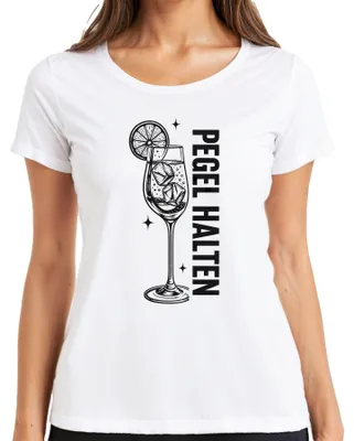 Imagen del producto de Camiseta para mujer, color blanco, talla S, con el texto "Pegel Halten Spritz Cocktail Aperitif Zitrone Sommer Lustig Saufen"