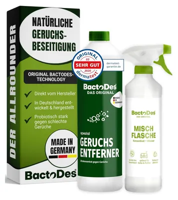 Produktbild von BactoDes Spezial Geruchsentferner 1 L I Enzymreiniger mit biologischer Mikrobenkraft & Tiefenwirkung inkl. Spray-Mischflasche I Effektiver Geruchsneutralisierer für Haus, Auto & Textilien