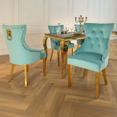 Produktbild von riess-ambiente Barock Stuhl CASTLE DELUXE blau Samt gold Edelstahl mit Löwenkopf Chesterfield