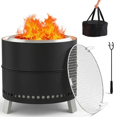 Immagine prodotto di Focolare senza fumo - Cesto portafuoco portatile - 50 cm - Acciaio inossidabile - Griglia per barbecue - 3 gambe pieghevoli - Borsa per il trasporto - Nero