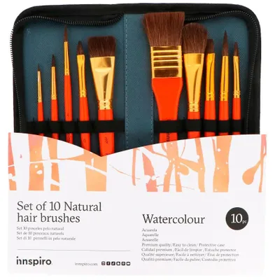 Produktbild von INNSPIRO Set mit 10 Pinseln aus Naturhaar für Künstler, mit Etui