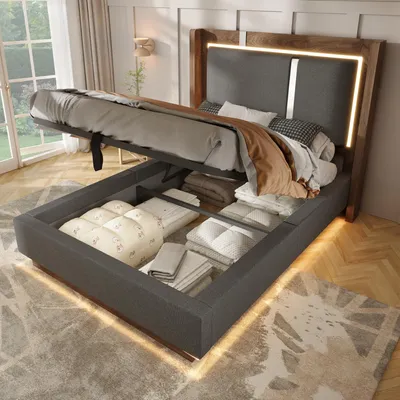 Image de Lit rembourré hydraulique Flieks 90 x 200 cm avec rangement, lit pour adolescent avec rangement et revêtement en cuir, lit simple hydraulique avec sommier à lattes, lin, gris