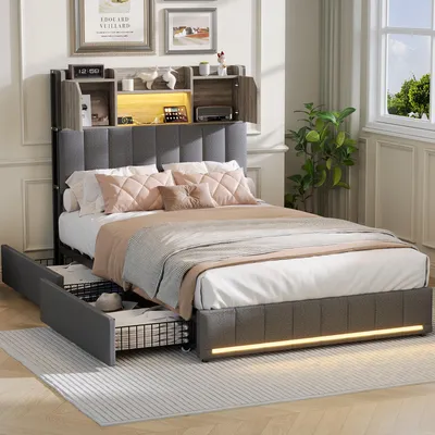 Produktbild von ProximaX Polsterbett 90×200 cm – Mit Stauraum im Kopfteil und 2 Schubladen – RGB-Ambiente-Licht und USB-Ladefunktion – Ideal für Schlafzimmer oder Kinderzimmer, Graues