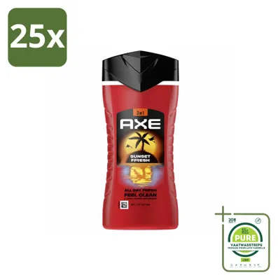 Zdjęcie produktu dla 25 sztuk żelu pod prysznic 3 w 1 Axe Sunset Fresh o zapachu mango i mandarynki - 250 ml - opakowanie zbiorcze