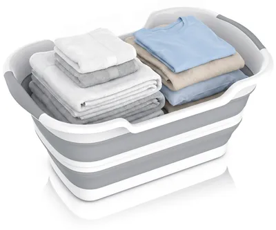 Produktbild von Bearware Wäschekorb faltbar, 26 l, wasserdichte Faltwanne aus Silikon, von 27 auf 7 cm zusammenfaltbar, gummierte Tragegriffe, für Camping, Kofferraum und Haushalt, weiß grau