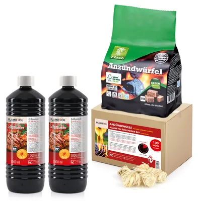 Produktbild von Grillanzünder-Set: 2x 1L Flüssig, 100 Anzündwolle, Würfel – Geruchlos, Rußfrei, Lange Brenndauer, Hohe Zündkraft