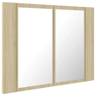 A mirrored cabinet with two doors and a light wood frame.