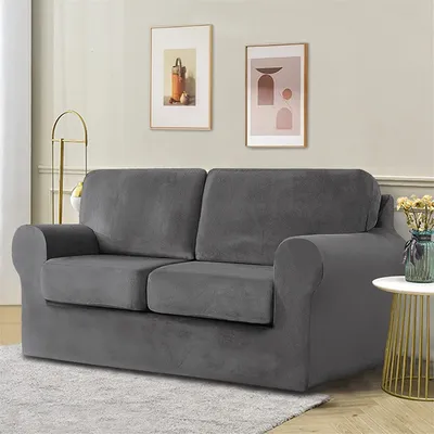 Produktbild von Samt-Stretch-Sofabezug mit separatem Rückenlehnenbezug und Sitzkissenbezug, Anti-Rutsch-Sessel-Sofa-Überzug mit Gummiband für Wohnzimmer (2-sitzer, Dunkelgrau)