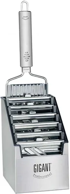 A stainless steel vegetable slicer with multiple attachments stored in a holder.