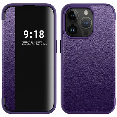 Obrázek produktu pro Pouzdro pro iPhone 15 Pro tenkéPolyuretankožené klopové pouzdro s okénkem pro zobrazení Fialová