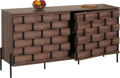 Immagine prodotto di Credenza HWC-M44, credenza con cassettiera, design 3D in vimini, ante ad apertura rapida 152x80x40cm, marrone