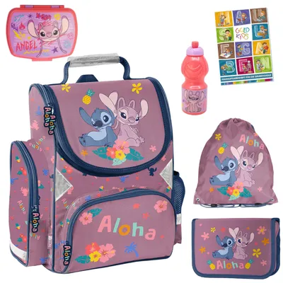 Produktbild von Schulranzen für Jungen und Mädchen, 6er-Set - Schul-Rucksack für Kinder mit Federmäppchen - Schuhbeutel Trinkflasche und Brotdose- Stitch Motiv