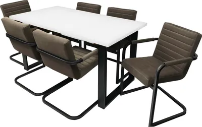 Produktbild von GOLDSTOFF 6-er stuhle mit tisch set GRAND, Esszimmertisch weiß, Tisch 150+(40)X 80 cm breite, Esszimer set, Holztisch, Samt Stuhl