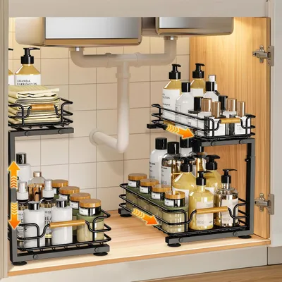 Produktbild von Spülschrank Organizer Metall 2 Etagen Höhenverstellbar Ausziehbar Schwarz 2 Stück