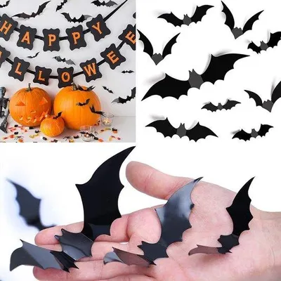 Produktbild von 60 Stück 3D Fledermaus Dekoration, Fenster Sticker, 4 Größen, PVC, für zu Hause, Party