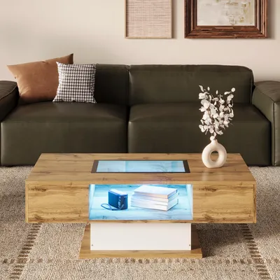 Produktbild von MODFU Couchtisch Wohnzimmertisch mit  LED-Beleuchtung,Rechteckiger Beistelltisch Sofatisch mit Glasplatte und zwei Schubladen,Kaffeetisch in Natur
