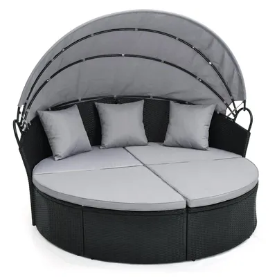 Produktbild von COSTWAY Sonneninsel Polyrattan, Sonnenliege für 2 Personen, Gartenliege mit Dach, Sitz- & Rückenkissen, Lounge Möbel Outdoor, Liegeinsel Grau