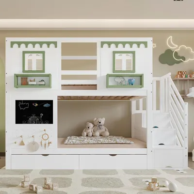 Immagine prodotto di Letto a castello Flieks 90x200 cm con lavagnetta e ganci in legno, lettino a forma di casetta con finestra, letto a castello per bambini con cassetti e scaletta, bianco