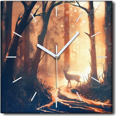 Produktbild von Coloray Uhr auf Leinwand 30x30 cm Wand Uhr Dekoration Wohnzimmer Segeltuch weiße Zeiger -Landschaft eines Hirschwaldes