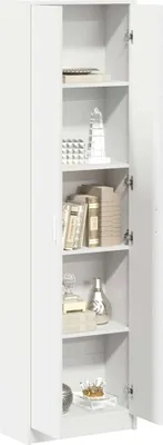 A white cabinet with open doors, displaying shelves with decorative items and books.