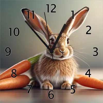 Produktbild von Wallario Design Wanduhr Flauschiger Hase mit Möhren aus Echtglas, Größe 30 x 30 cm