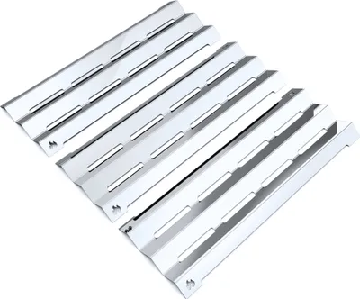 Several stainless steel grill burner covers arranged diagonally on a white background.
