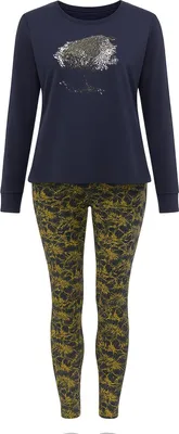 Produktbild von Damen Schlafanzug Set 2-teilig Baumwolle Langarm Oberteil & Hose Blau L