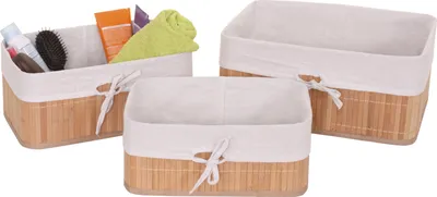 Immagine prodotto di set di 3 cestini portaoggetti HWC-C21, cestino portaoggetti, cestino per scaffali, bambù ~ colore naturale