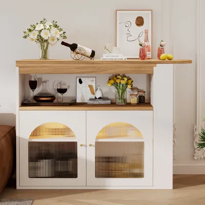 Produktbild von okwish Bartisch 138-193 x 39 x 105cm Moderner ausziehbarer Bartisch (Ausziehbarer Esstisch mit Stauraum für Esszimmer), Mit 1m langem LED Lichtstreifen, Weiß
