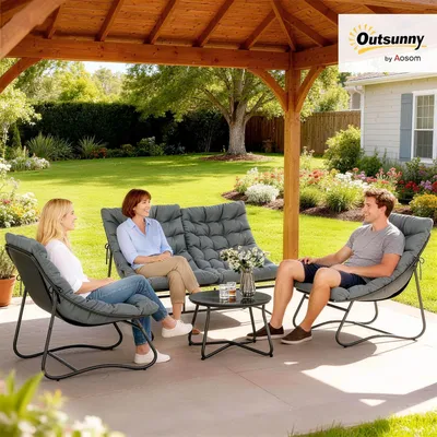 Produktbild von Stahl-Gartenmöbel-Set für 4 Personen, wetterfest. Balkonmöbel-Set bestehend aus einer 2-Sitzer-Bank, einem Sessel, einem Beistelltisch und Sitzkissen. Outdoor-Sitzgruppe, Terrassenmöbel, Gartenmöbel-Set