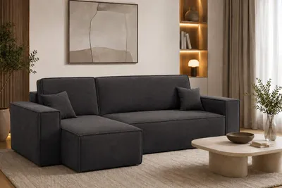 Productafbeelding van Kaiser Möbel: Hoekbank in L-vorm met slaapfunctie en opbergruimte, bekleed met veloursstof, kleur blauw, links, model BEST L