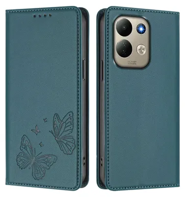 Image de Étui en cuir pour Xiaomi Redmi 17 4G/5G, avec motif papillon, type portefeuille rabattable avec support. Couleur : vert