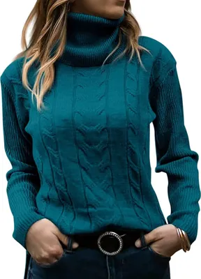 Image de ASKSA Femme Elégant Pull à col roulé Pull casual en maille Jumper Pull à manches longues Sweatshirt Hauts, Bleu paon, M