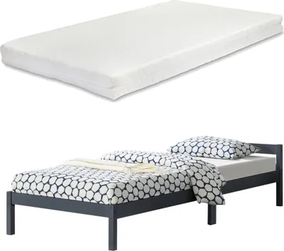 Produktbild von Holzbett Nakkila mit Matratze 90x200 cm Einzelbett mit Kaltschaummatratze  Standard 100 Jugendbett Gästebett Kiefernholz Dunkelgrau Matt