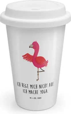 Produktbild von Mr. & Mrs. Panda Thermobecher To Go Flamingo Yoga - Weiß - Geschenk, Baum, Rosa, ToGo Kaffeebecher, Becher, Entspannung, Coffee, Yogi, Mehrwegbecher, Meditieren
