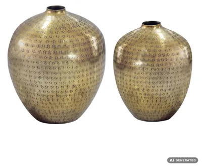 Image de WOHNLING : Lot de 2 vases pour table, en aluminium doré, design rond, en métal, vase moderne pour décoration de salon, en aluminium, design, pour décoration de table, fabriqué à la main, Image générée par une IA