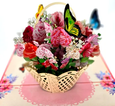 Produktbild von 3D Pop-Up Grußkarte - Blumenkorb mit Schmetterlingen auf Blumen