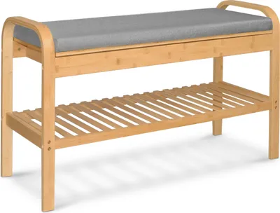 Produktbild von AD.CON Bambusový stojan na topánky, bambusový stojan na topánky s lavičkou, lavička na topánky s vankúšom na sedenie, lavička 90x33x55 cm sivá