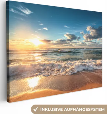 Produktbild von MuchoWow® - Leinwandbilder - Strand - Meer - Sonnenuntergang, Wandbild, Wanddeko Bilder Wohnzimmer, 120x90 cm
