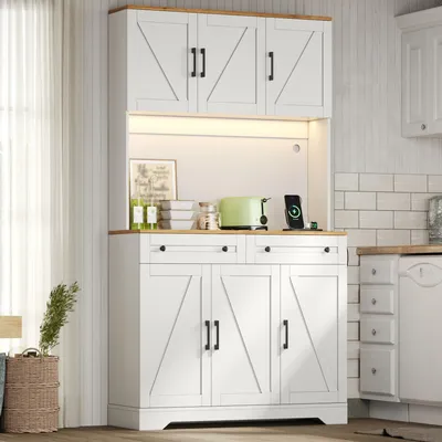 Image de Armoire haute 180x100x40, avec éclairage LED, prises électriques, organisateur coulissant, étagère intérieure, vitrine, idéale pour le salon/salle à manger.