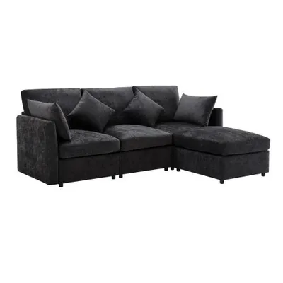 Produktbild von Ecksofa mit Hocker, Zier- und Armlehnenkissen, L-Form, Chenille, Wohnzimmersofa