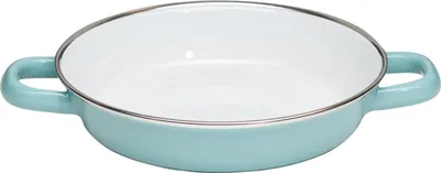 A light blue enamel pan with two handles, shown from a slightly elevated side angle against a white background.